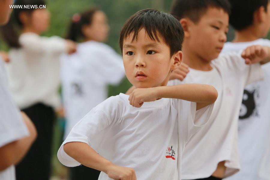 A boy plays Tai Chi in Wenxian County of Jiaozuo City, central China's Henan Province, July 8, 2014. Many primary and middle school students in Wenxian took part in Tai Chi training classes during the summer vacation. [Photo/Xinhua]
