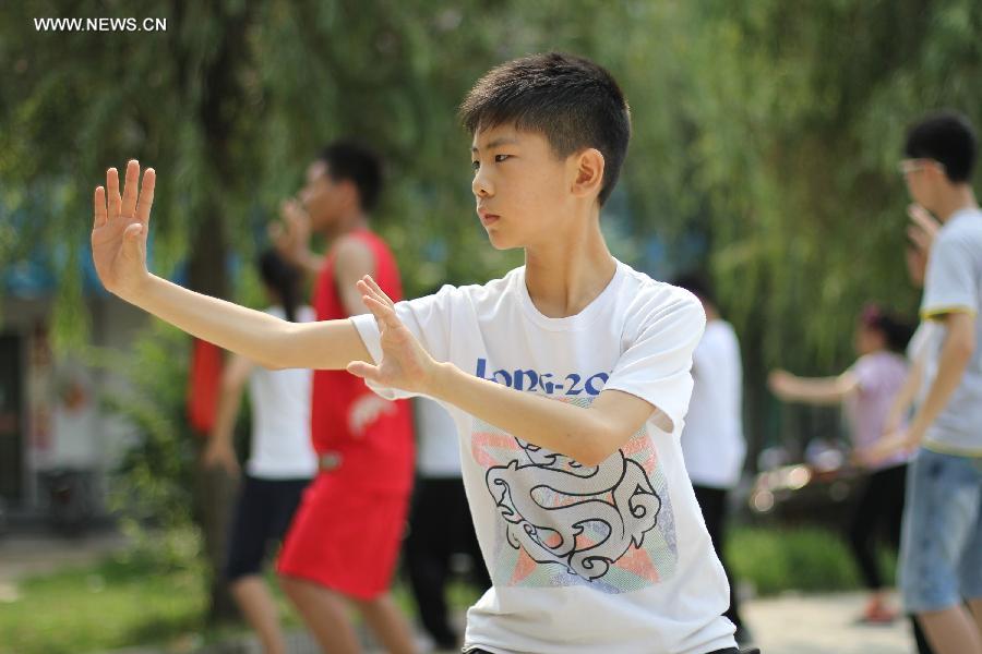 A boy plays Tai Chi in Wenxian County of Jiaozuo City, central China's Henan Province, July 8, 2014. Many primary and middle school students in Wenxian took part in Tai Chi training classes during the summer vacation. [Photo/Xinhua]