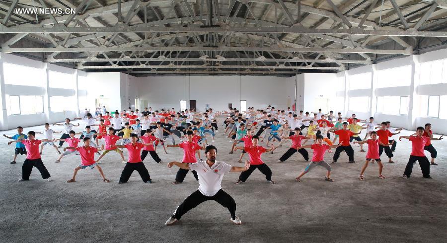 Students learn to play Tai Chi in Wenxian County of Jiaozuo City, central China's Henan Province, July 8, 2014. Many primary and middle school students in Wenxian took part in Tai Chi training classes during the summer vacation. [Photo/Xinhua]