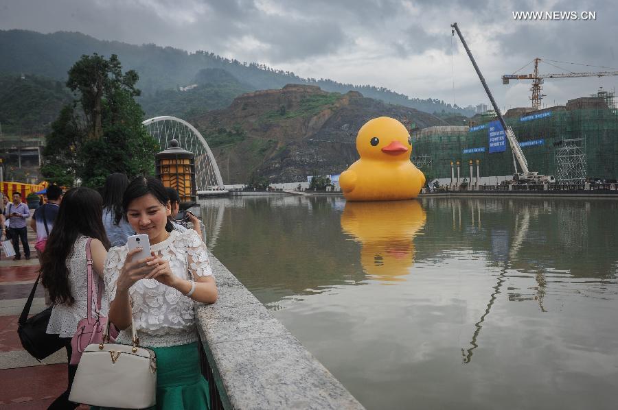 A resident poses for photos with a giant yellow rubber duck floating on Nanming River in Guiyang, capital of southwest China's Guizhou Province, July 3, 2014. The 18-meter-tall rubber duck, brainchild of Dutch artist Florentijn Hofman, will berth in Guiyang from July 4 to August 24. [Photo/Xinhua]